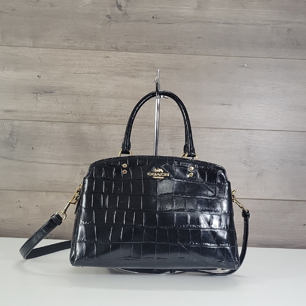 Coach Lille Carryall Black Croc-Embossed Leather Satchel Crossbody Bag CC841